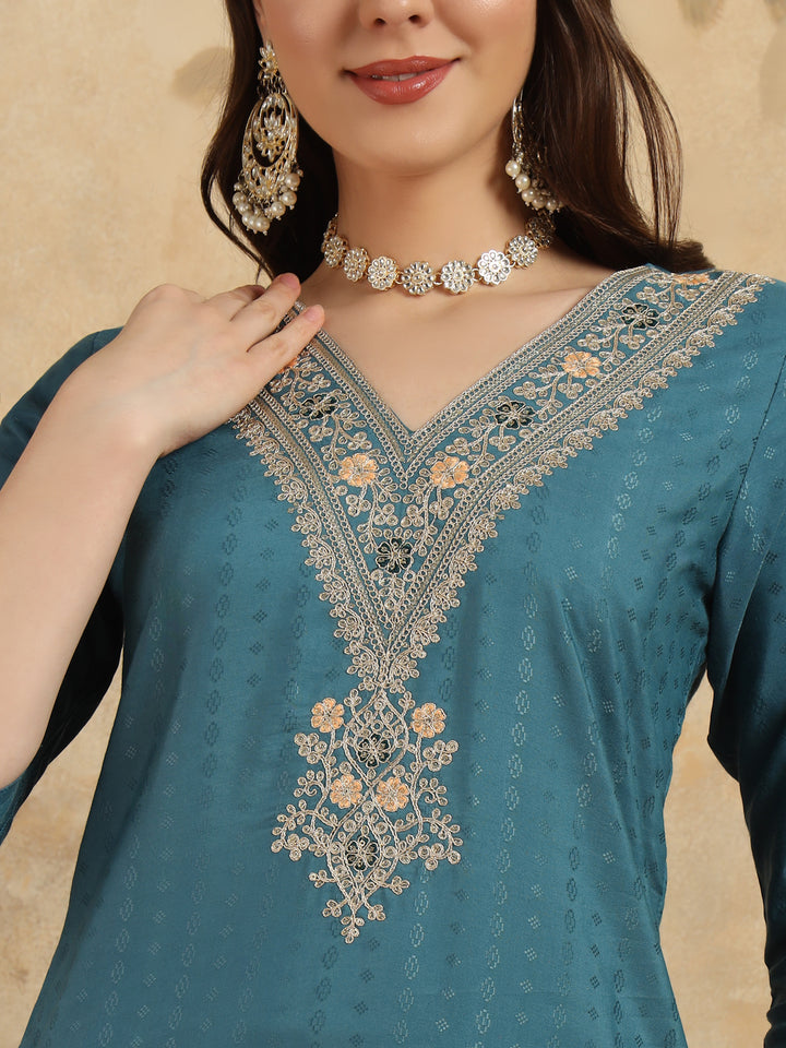 Teal Blue Viscose Rayon Salwar Kameez | Elegant Embroidery Ethnic Wear