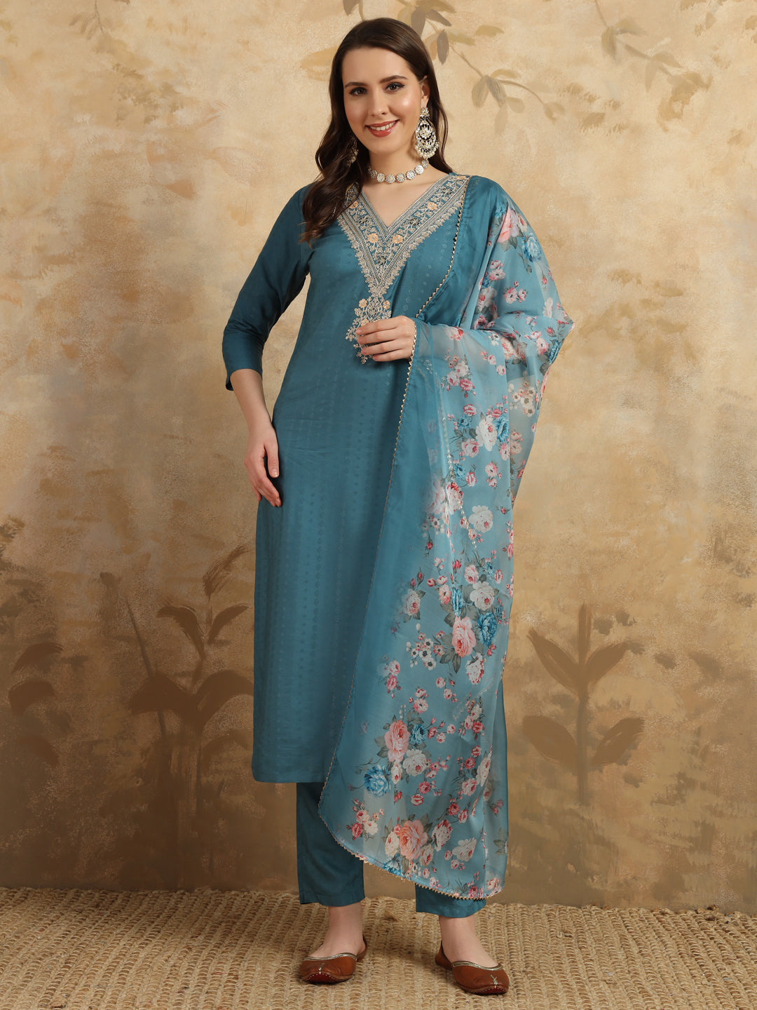 Teal Blue Viscose Rayon Salwar Kameez | Elegant Embroidery Ethnic Wear