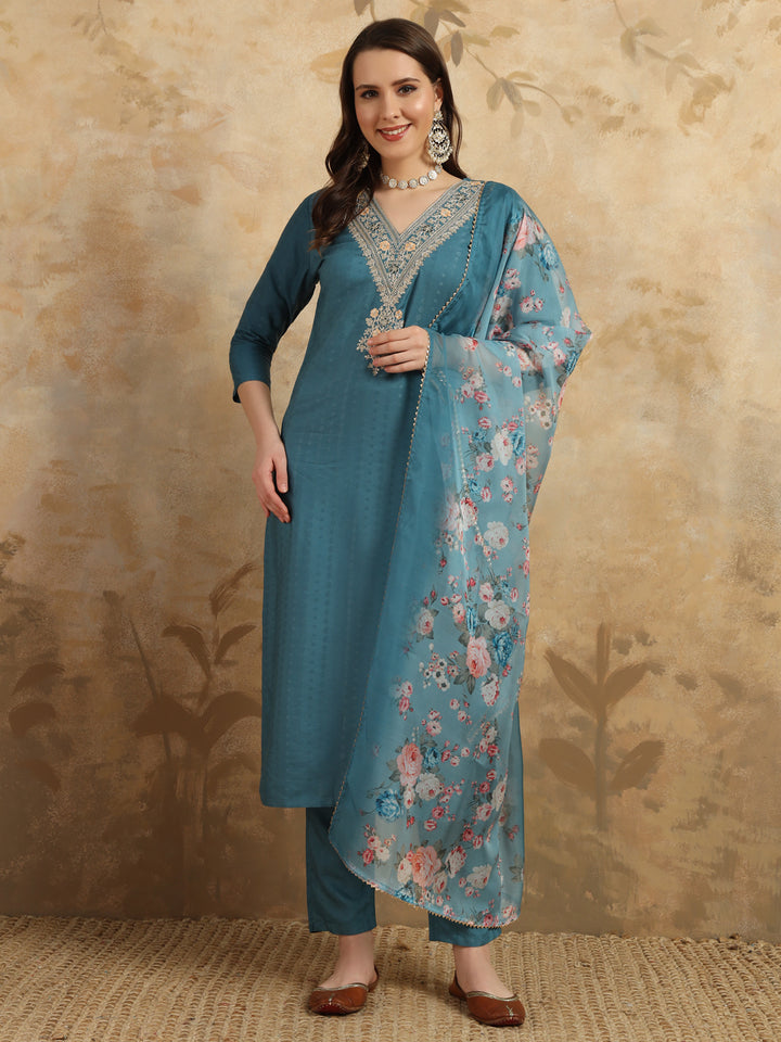 Teal Blue Viscose Rayon Salwar Kameez | Elegant Embroidery Ethnic Wear