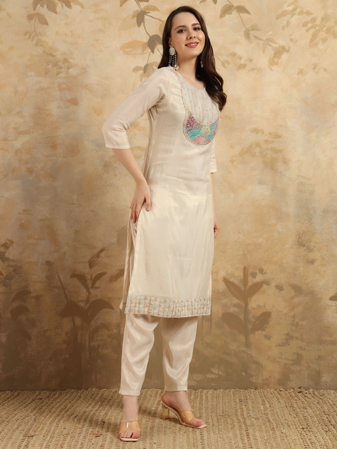 Beige Shimmer Salwar Kameez | Intricate Embroidery for Festive & Party Wear
