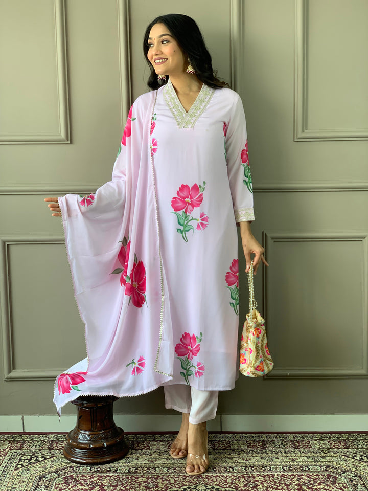 Light Pink French Crepe Salwar Kameez | Elegant Floral Prints for Festive & Party Wear