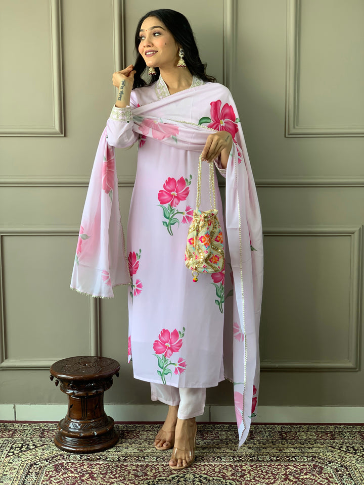Light Pink French Crepe Salwar Kameez | Elegant Floral Prints for Festive & Party Wear