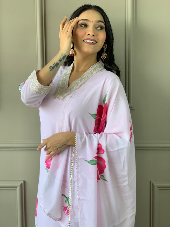 Light Pink French Crepe Salwar Kameez | Elegant Floral Prints for Festive & Party Wear