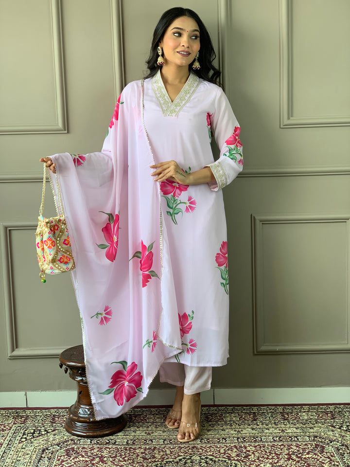 Light Pink French Crepe Salwar Kameez | Elegant Floral Prints for Festive & Party Wear