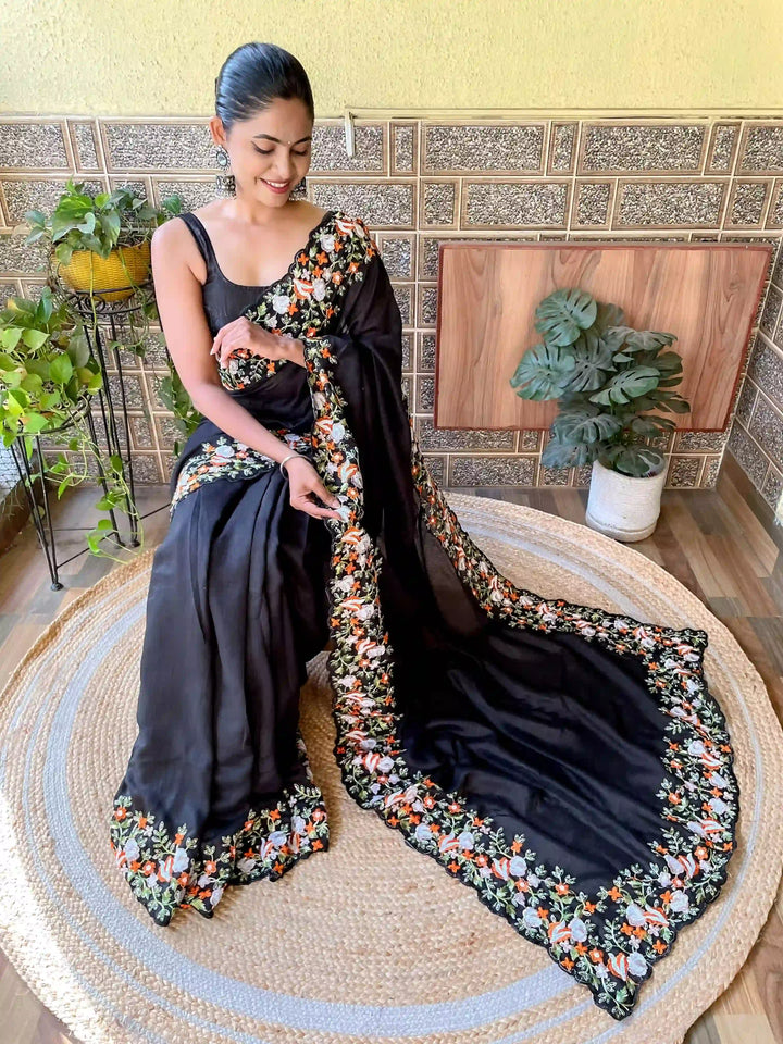 Elegant Vichitra Silk Saree | Embroidered with Sequins & Cut-Work