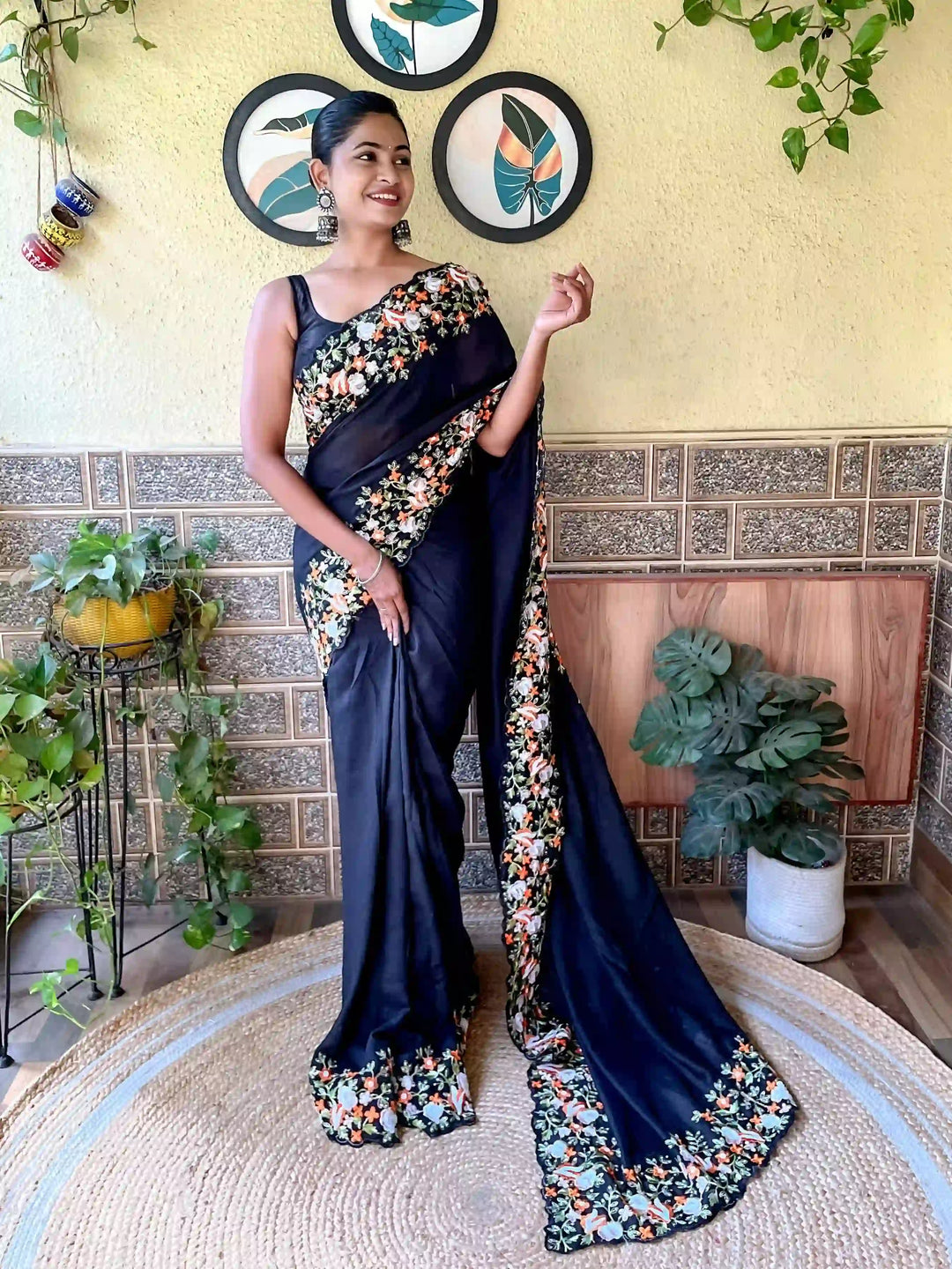 Elegant Vichitra Silk Saree | Embroidered with Sequins & Cut-Work