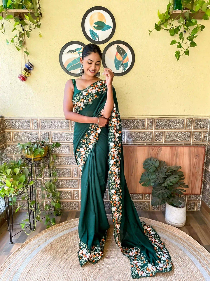 Elegant Vichitra Silk Saree | Embroidered with Sequins & Cut-Work