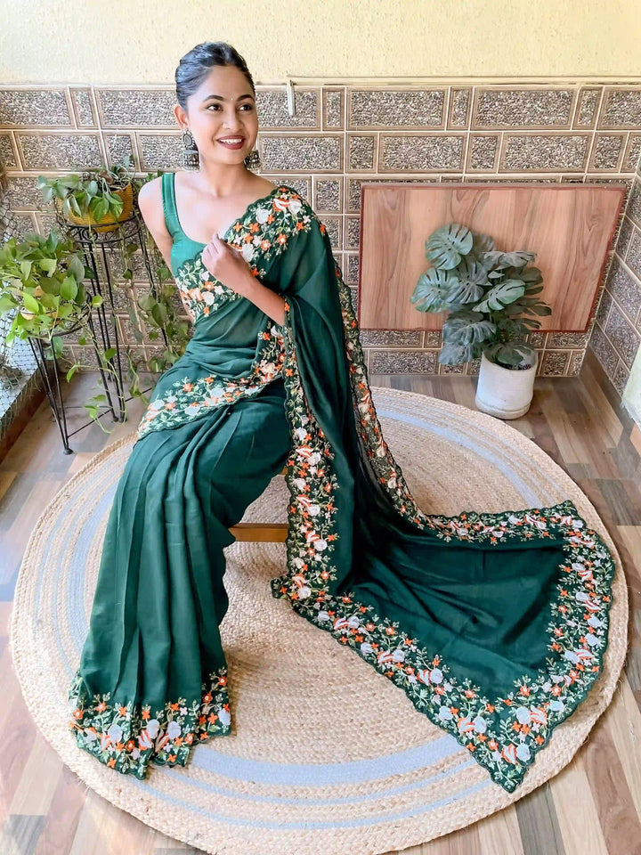 Elegant Vichitra Silk Saree | Embroidered with Sequins & Cut-Work