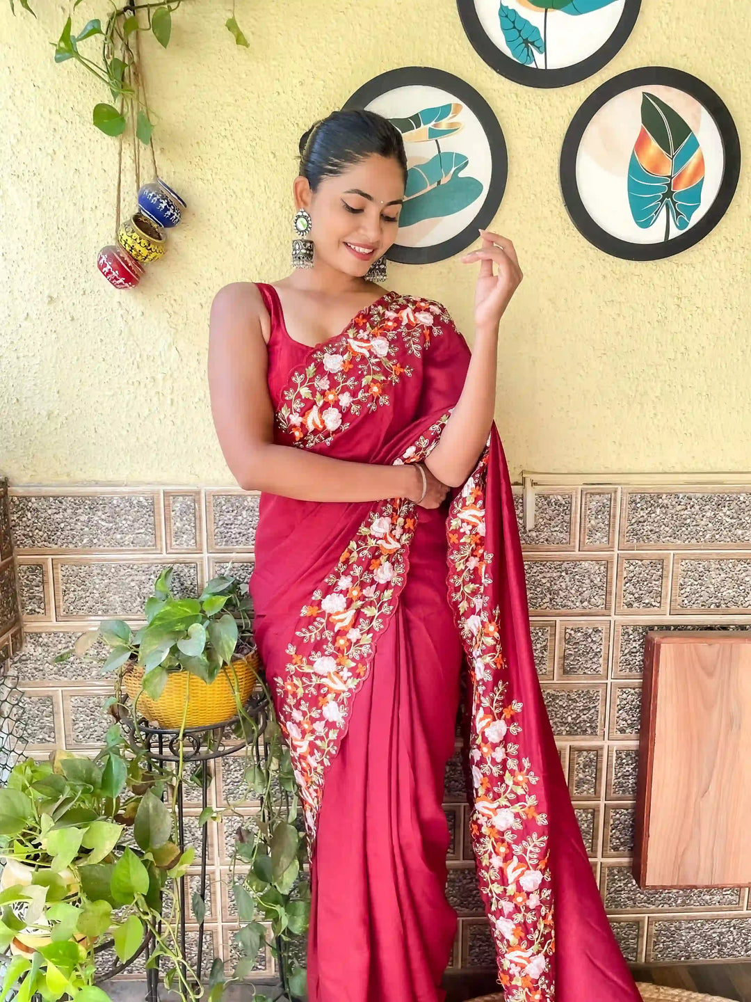 Elegant Vichitra Silk Saree | Embroidered with Sequins & Cut-Work