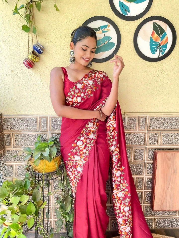Elegant Vichitra Silk Saree | Embroidered with Sequins & Cut-Work