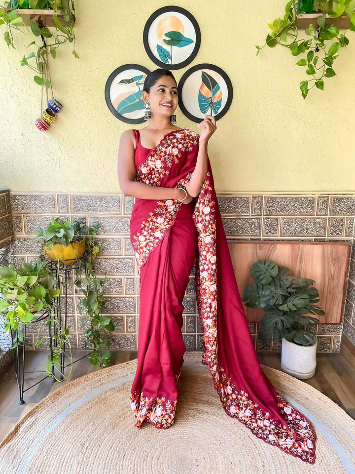 Elegant Vichitra Silk Saree | Embroidered with Sequins & Cut-Work
