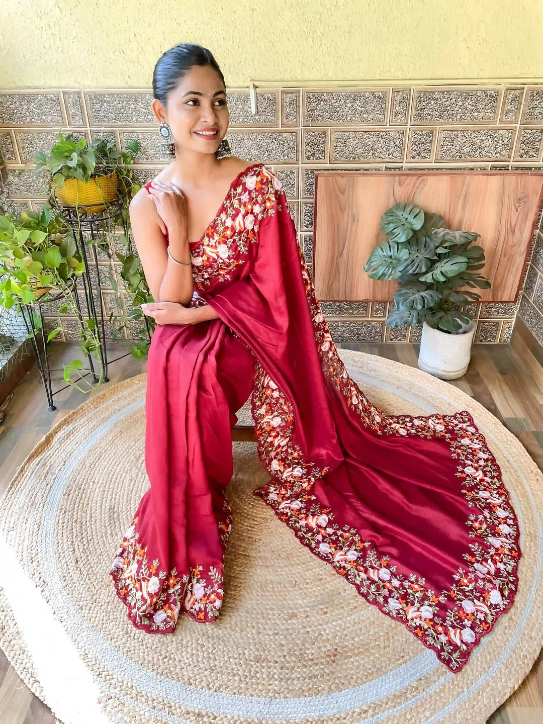 Elegant Vichitra Silk Saree | Embroidered with Sequins & Cut-Work