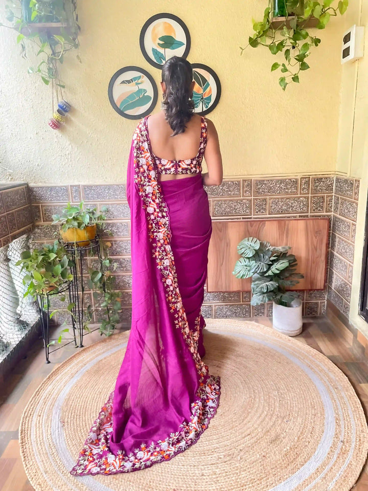 Elegant Vichitra Silk Saree | Embroidered with Sequins & Cut-Work