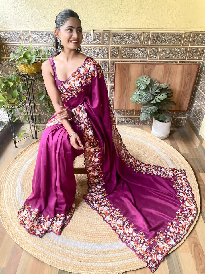 Elegant Vichitra Silk Saree | Embroidered with Sequins & Cut-Work