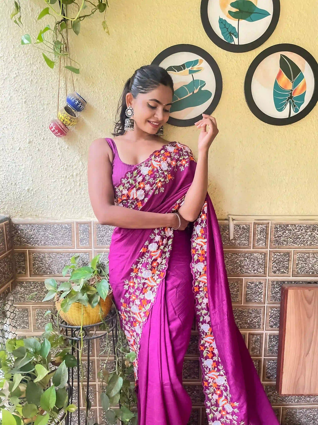 Elegant Vichitra Silk Saree | Embroidered with Sequins & Cut-Work