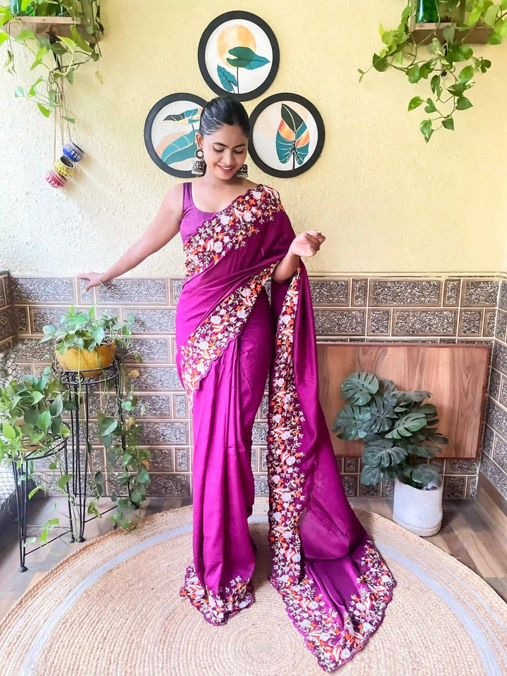 Elegant Vichitra Silk Saree | Embroidered with Sequins & Cut-Work