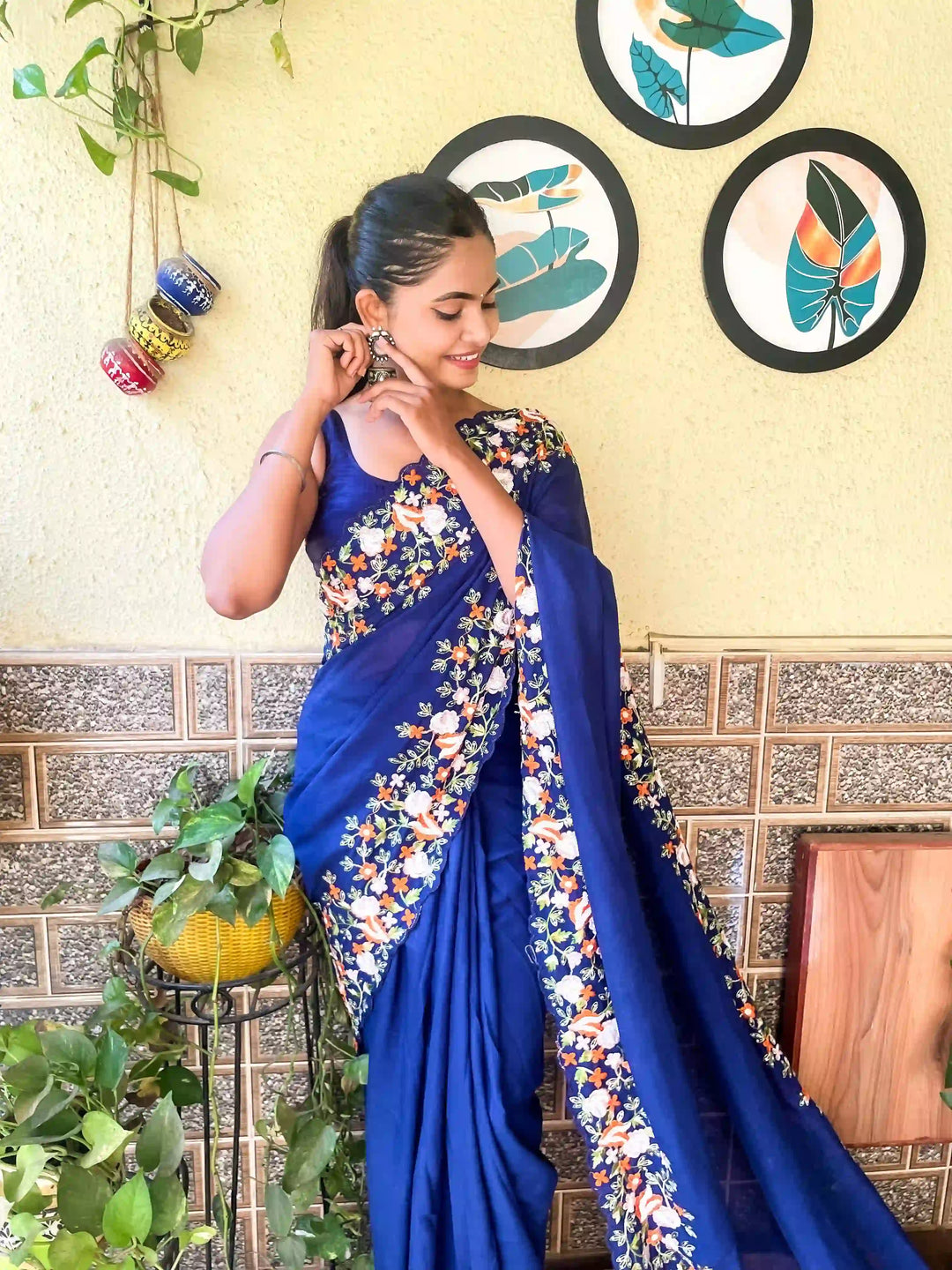 Elegant Vichitra Silk Saree | Embroidered with Sequins & Cut-Work
