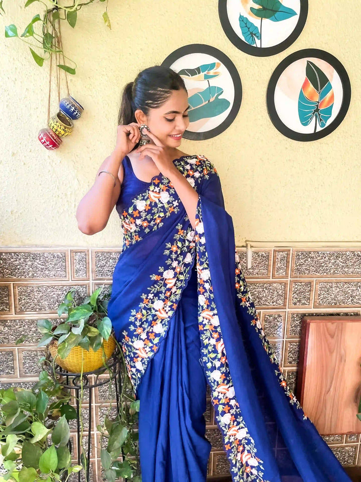 Elegant Vichitra Silk Saree | Embroidered with Sequins & Cut-Work