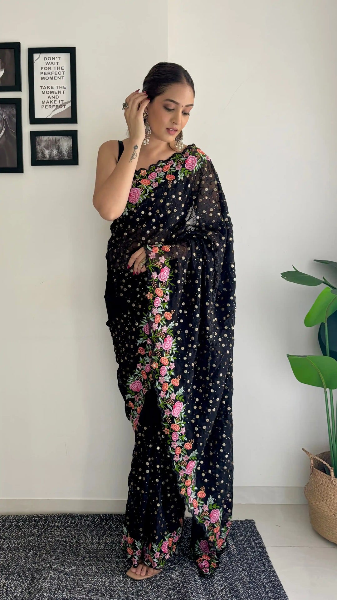 Georgette Saree with Diamond Silk Bottom | Thread & Sequence Embroidery for Weddings