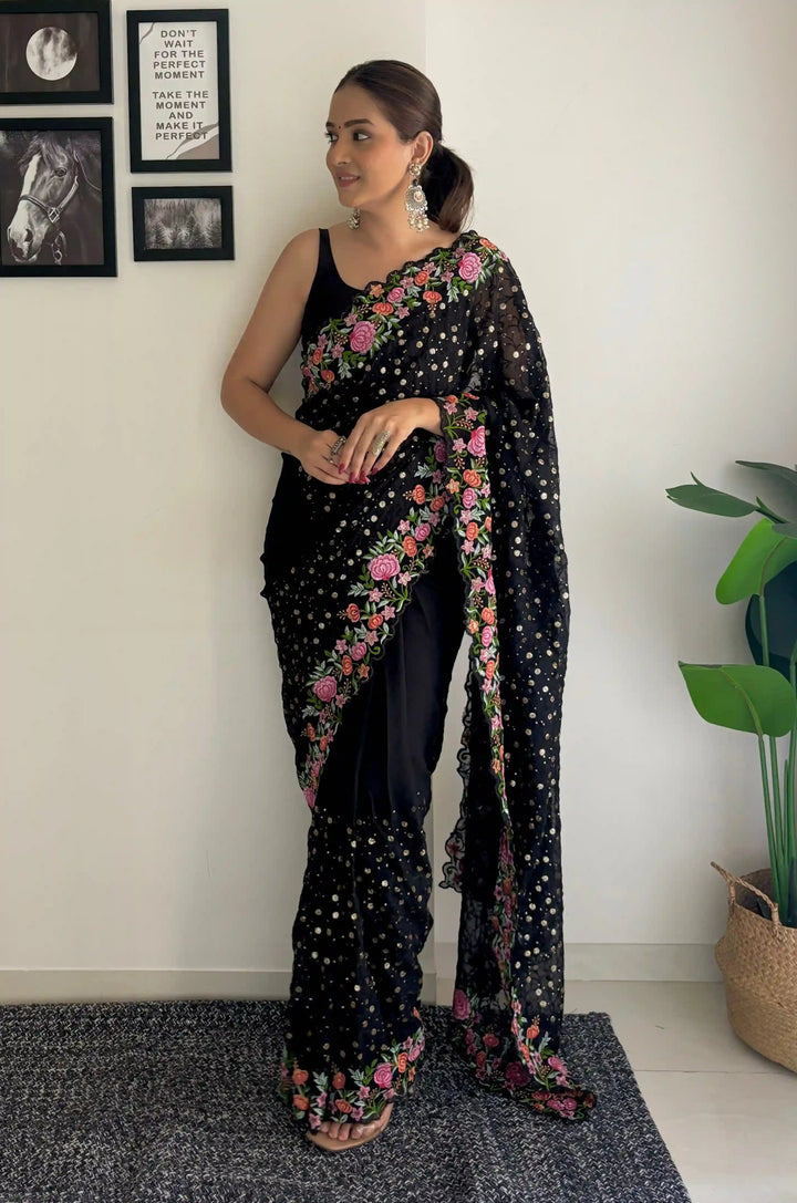 Georgette Saree with Diamond Silk Bottom | Thread & Sequence Embroidery for Weddings