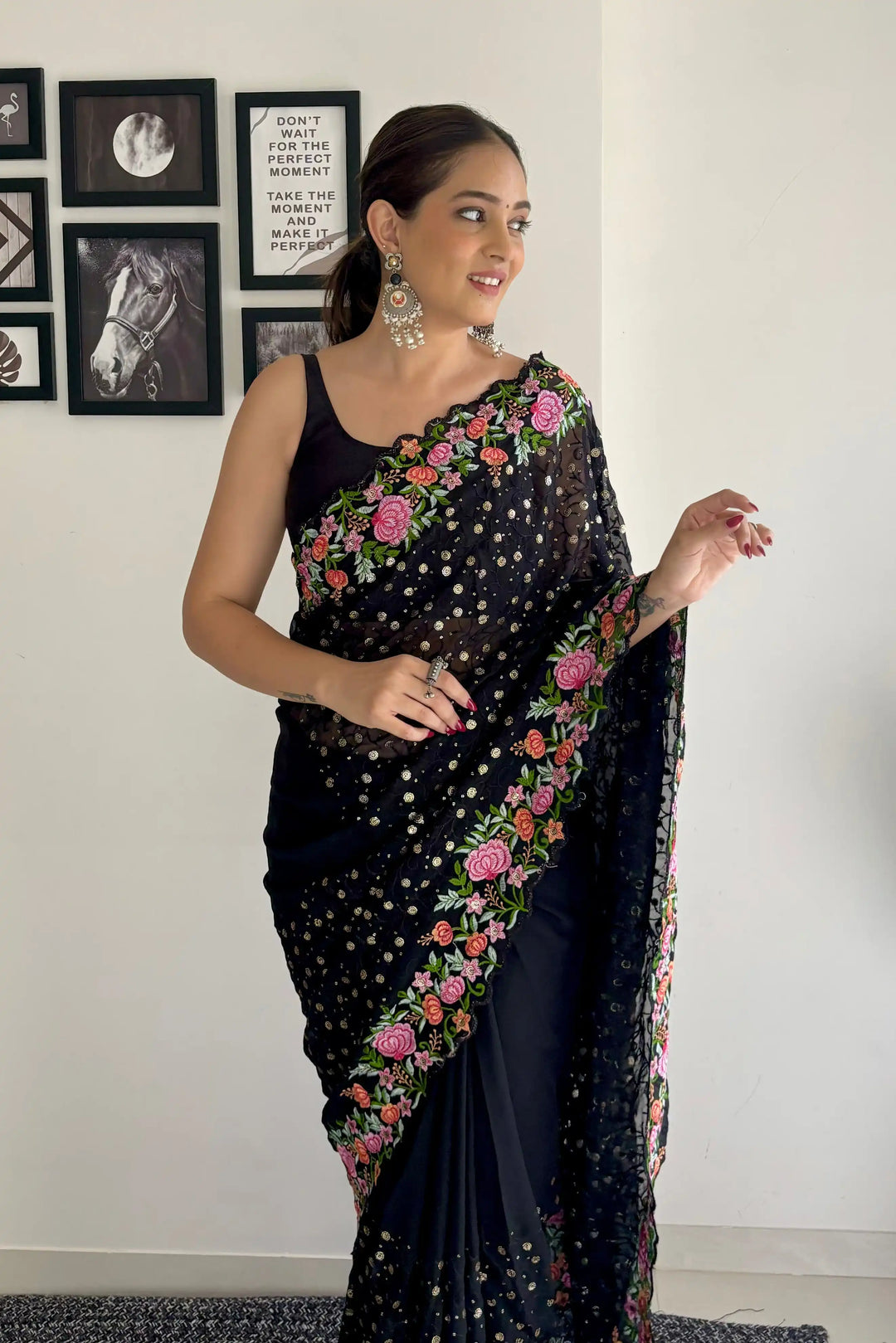 Georgette Saree with Diamond Silk Bottom | Thread & Sequence Embroidery for Weddings