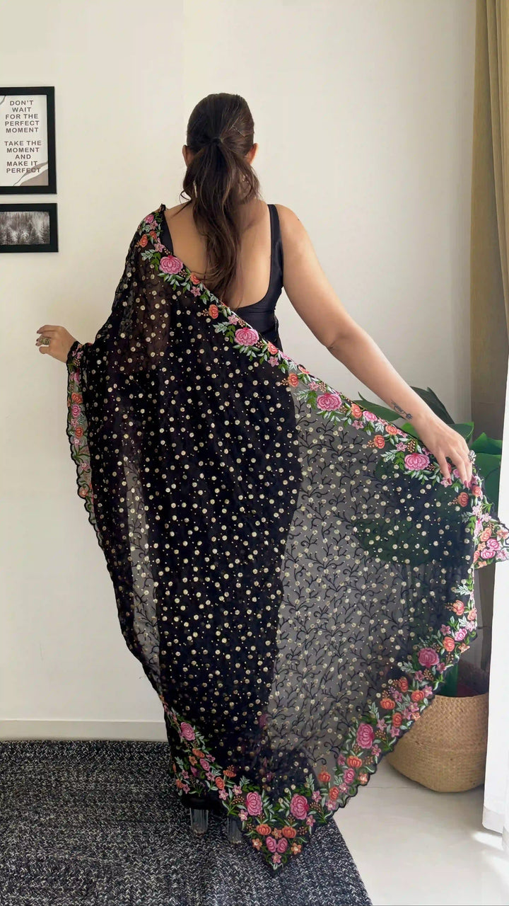 Georgette Saree with Diamond Silk Bottom | Thread & Sequence Embroidery for Weddings