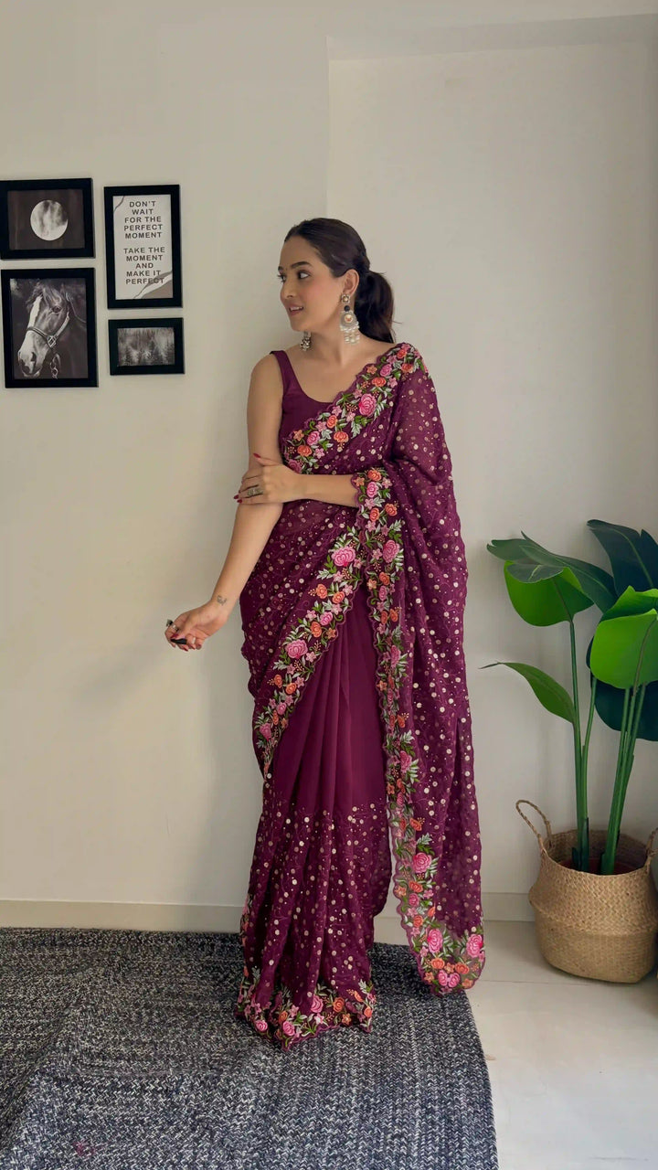 Georgette Saree with Diamond Silk Bottom | Thread & Sequence Embroidery for Weddings
