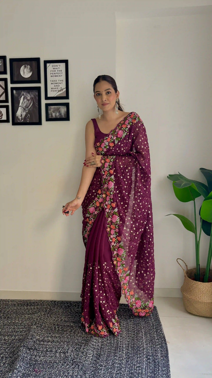 Georgette Saree with Diamond Silk Bottom | Thread & Sequence Embroidery for Weddings