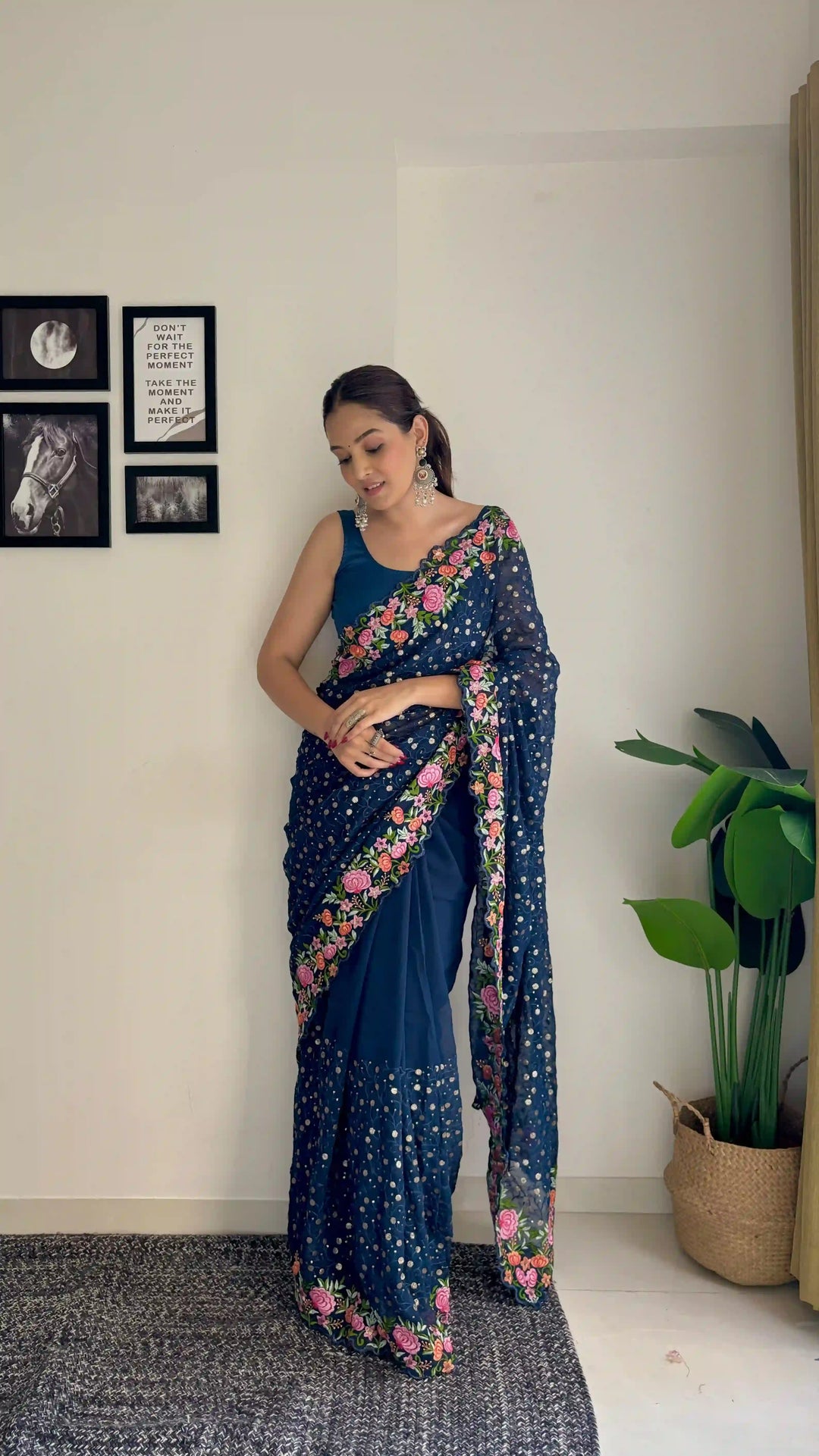Georgette Saree with Diamond Silk Bottom | Thread & Sequence Embroidery for Weddings