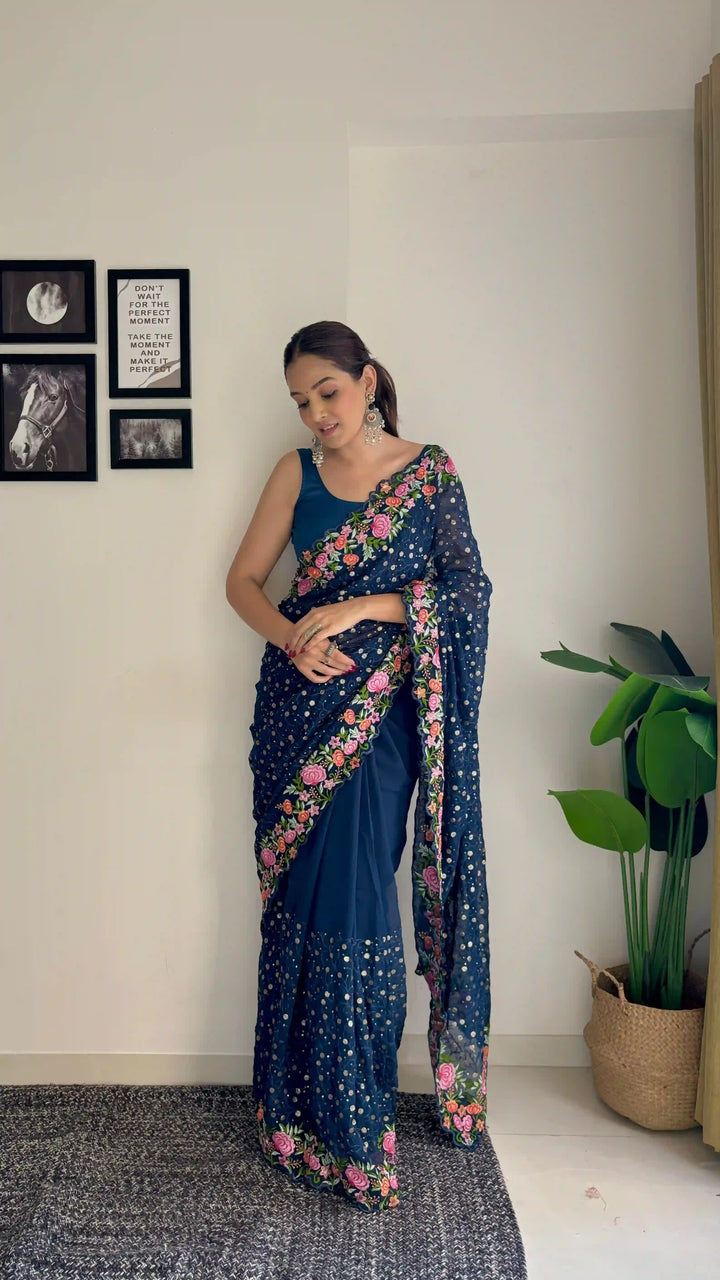 Georgette Saree with Diamond Silk Bottom | Thread & Sequence Embroidery for Weddings