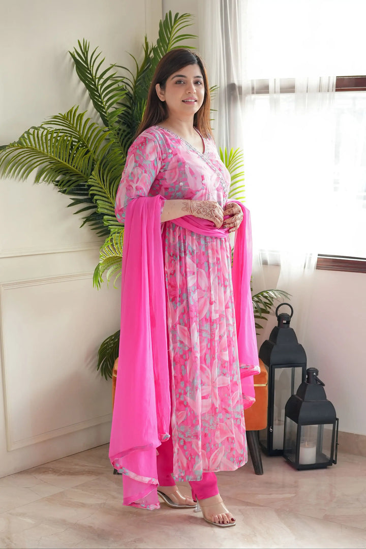 Elegant Pink Georgette Salwar Kameez with Floral Print | Stylish Ethnic Wear