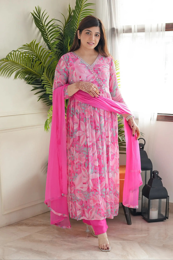 Elegant Pink Georgette Salwar Kameez with Floral Print | Stylish Ethnic Wear