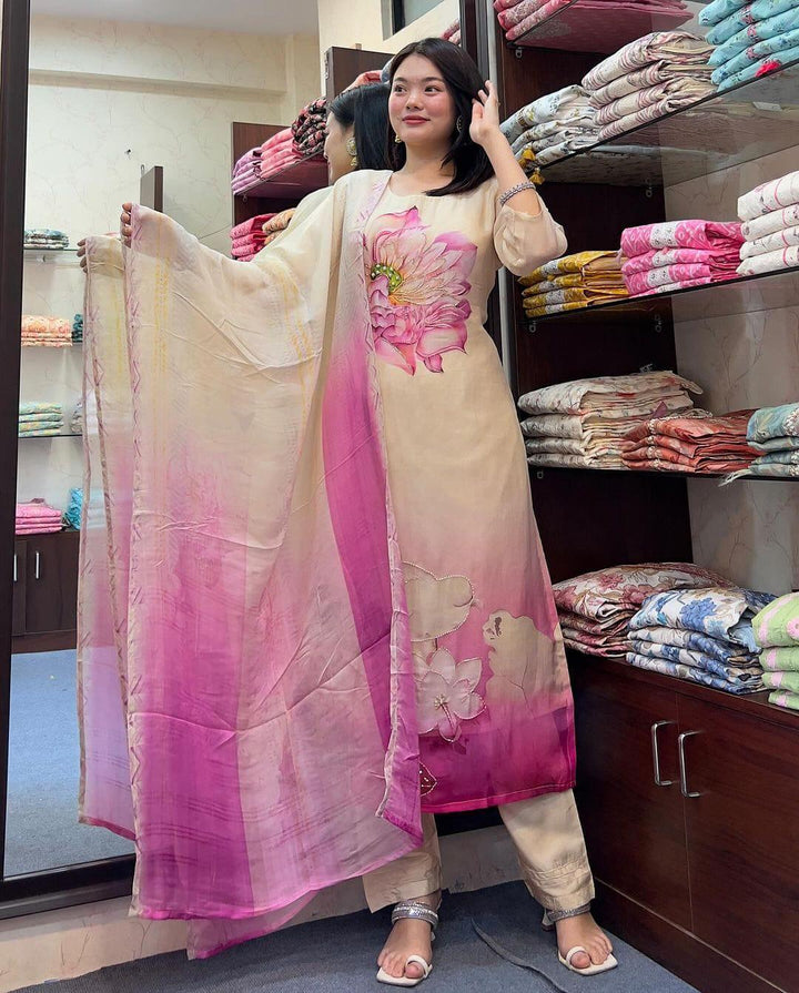 Off-White Taby Silk Salwar Kameez | Elegant Floral Print Festive & Party Wear