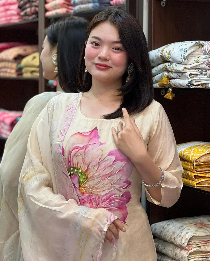 Off-White Taby Silk Salwar Kameez | Elegant Floral Print Festive & Party Wear