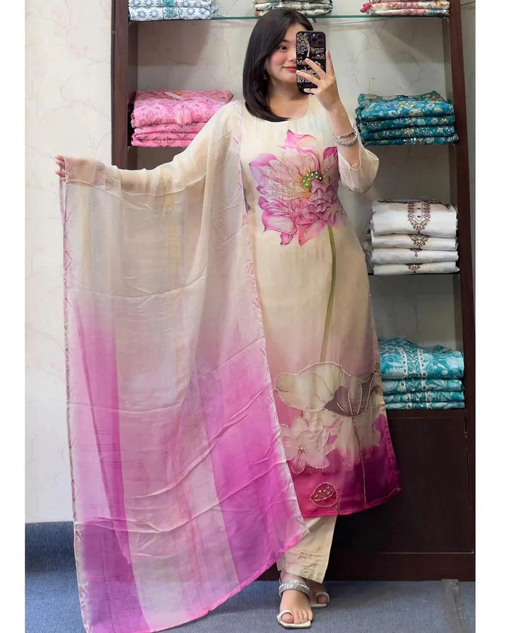 Off-White Taby Silk Salwar Kameez | Elegant Floral Print Festive & Party Wear