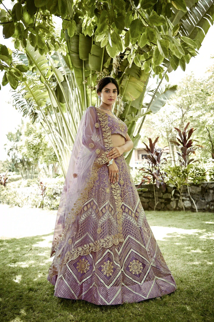 Mauve Net Lehenga Choli with Designer Ribbon Embroidery | Party Wear