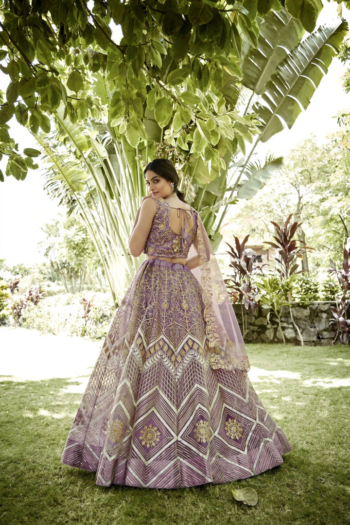 Mauve Net Lehenga Choli with Designer Ribbon Embroidery | Party Wear