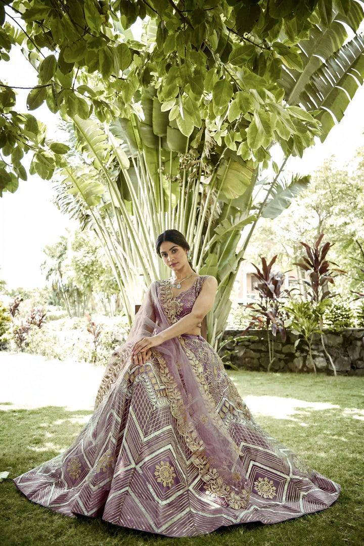 Mauve Net Lehenga Choli with Designer Ribbon Embroidery | Party Wear