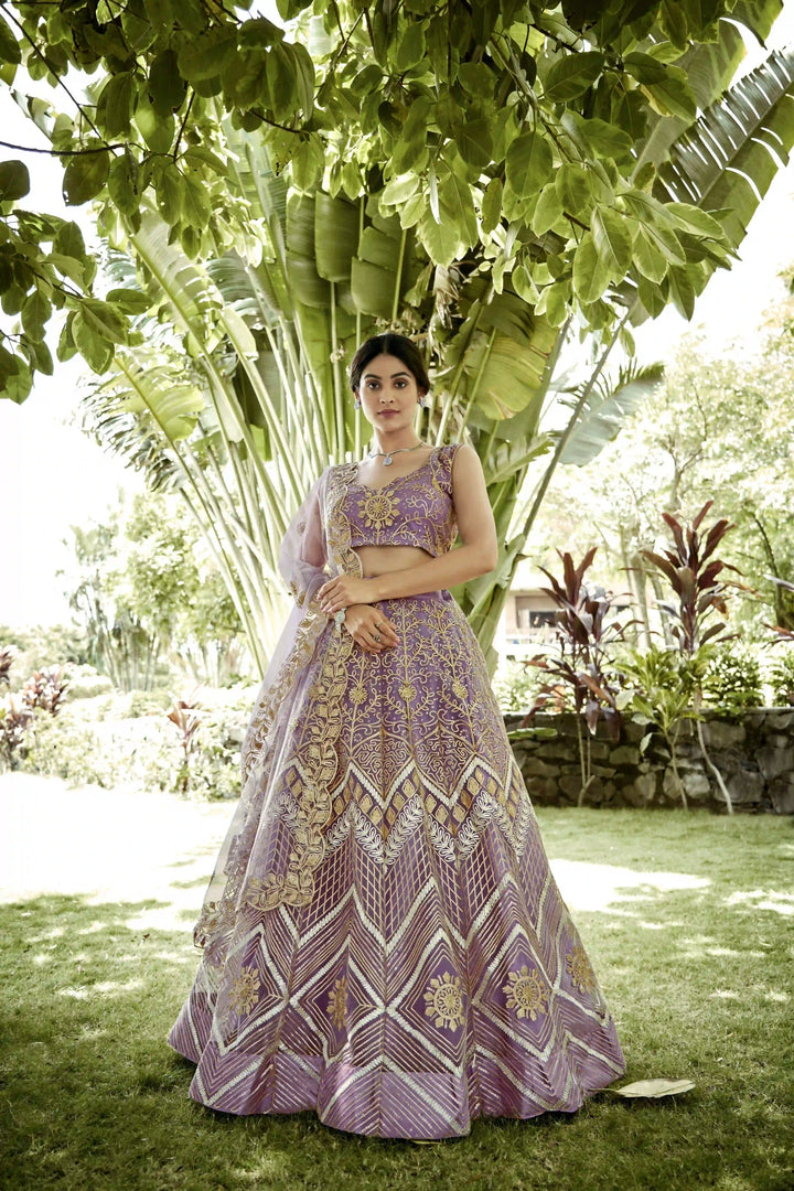 Mauve Net Lehenga Choli with Designer Ribbon Embroidery | Party Wear