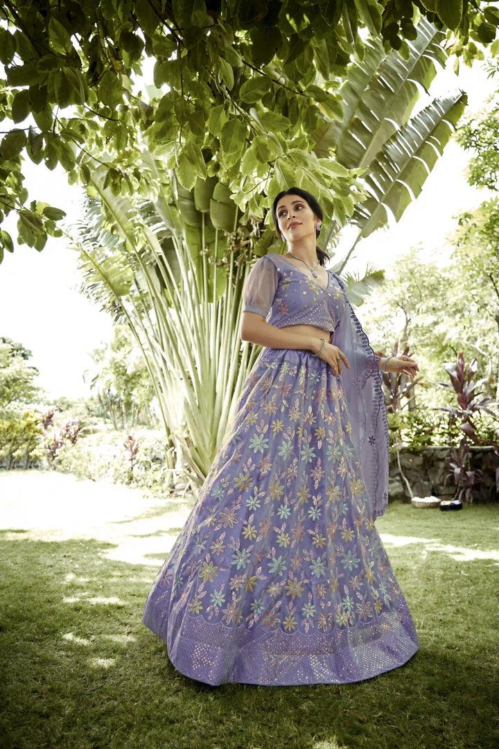 Light Purple Silk Net Lehenga Choli with Designer Sequence Embroidery | Party Wear