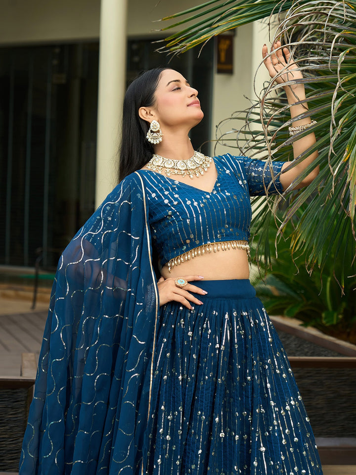 Teal Blue Georgette Lehenga Choli Designer Sequence Embroidery | Party Wear