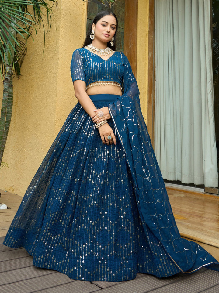 Teal Blue Georgette Lehenga Choli Designer Sequence Embroidery | Party Wear