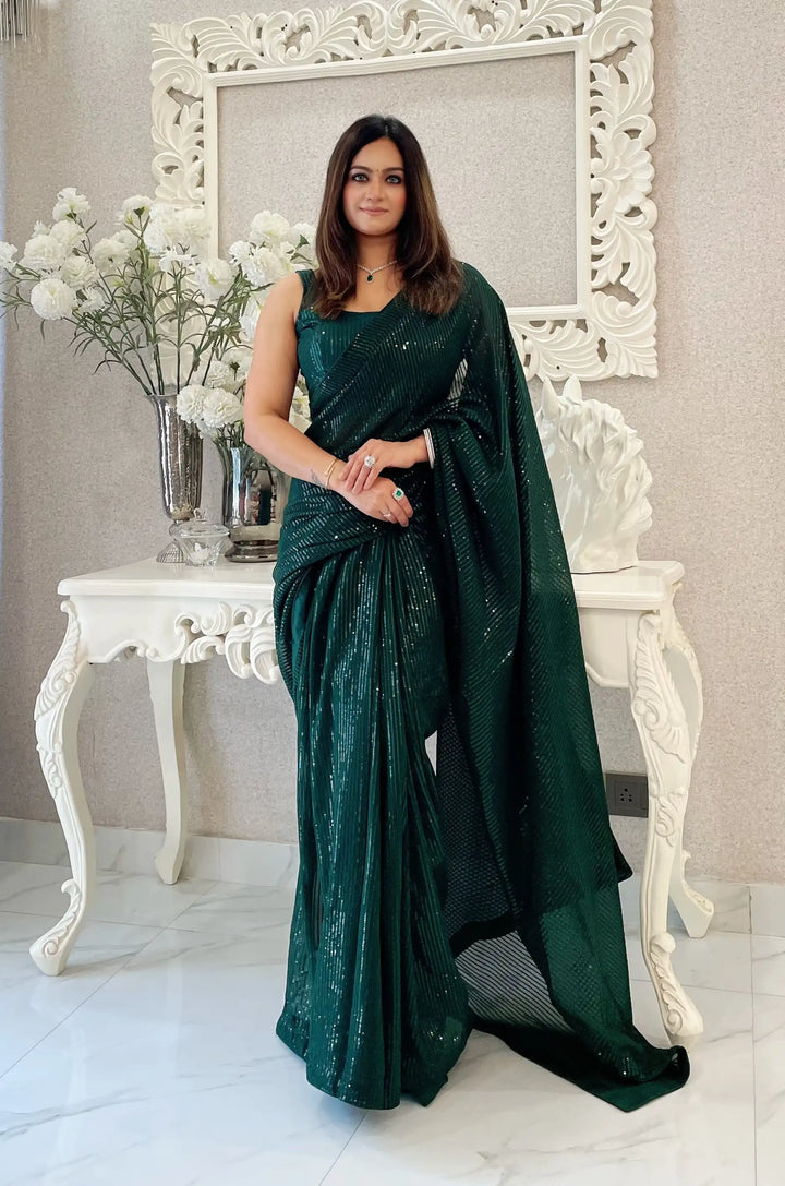 Iridescent Georgette Saree with Heavy Sequence Embroidery | Elegant Festive Wear
