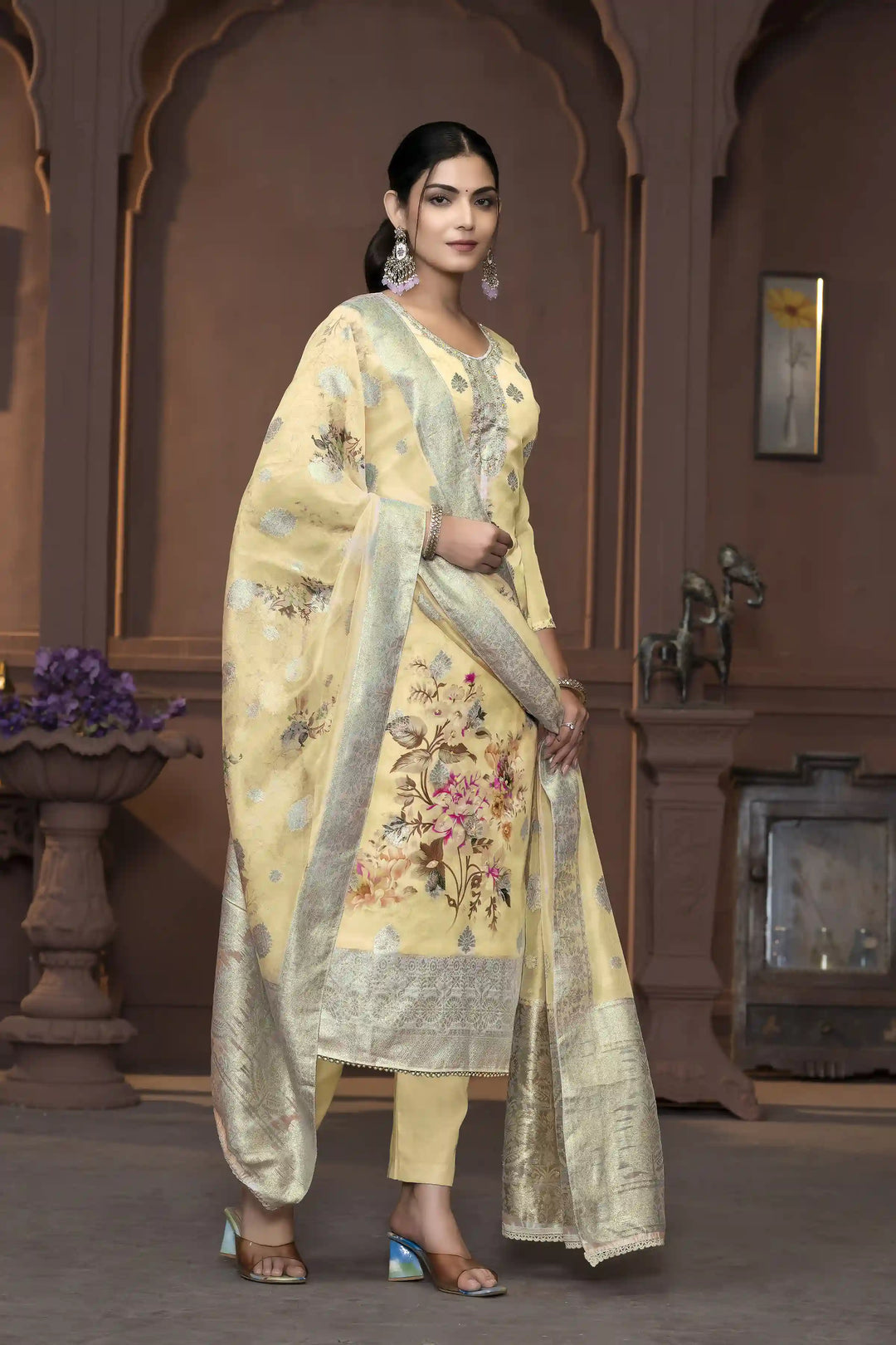 Viscose Organza Salwar Kameez | Floral Embroidery with Banarasi Dupatta