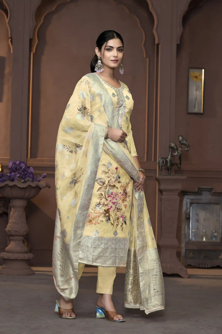 Viscose Organza Salwar Kameez | Floral Embroidery with Banarasi Dupatta
