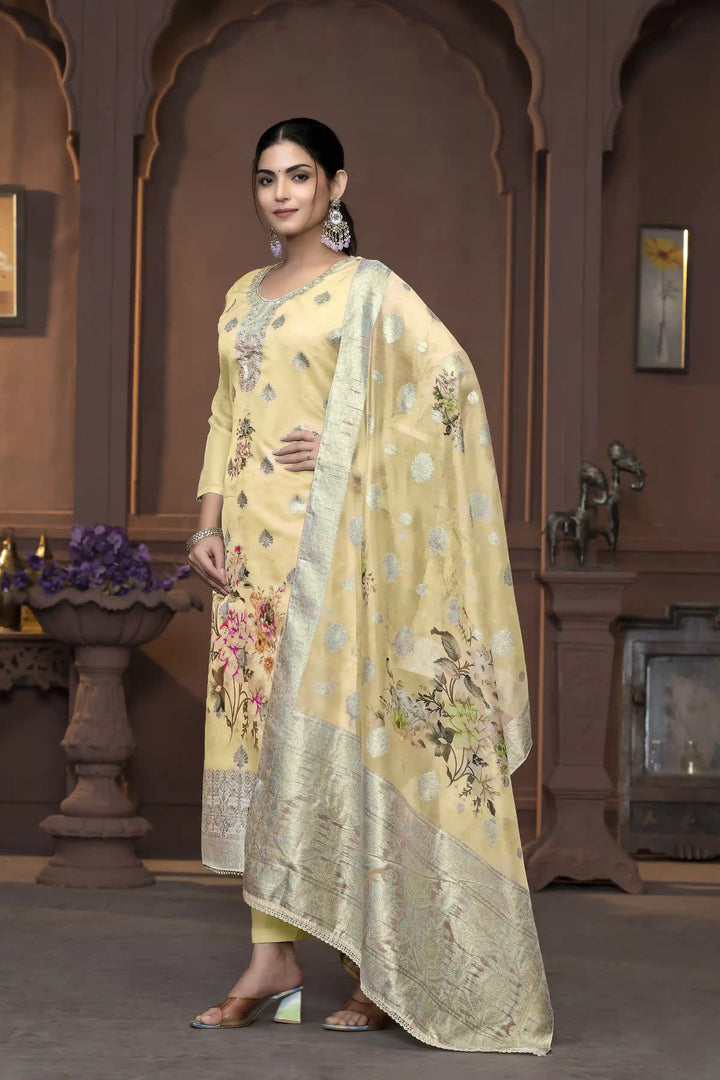 Viscose Organza Salwar Kameez | Floral Embroidery with Banarasi Dupatta