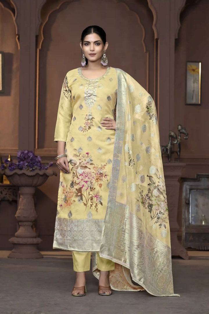 Viscose Organza Salwar Kameez | Floral Embroidery with Banarasi Dupatta