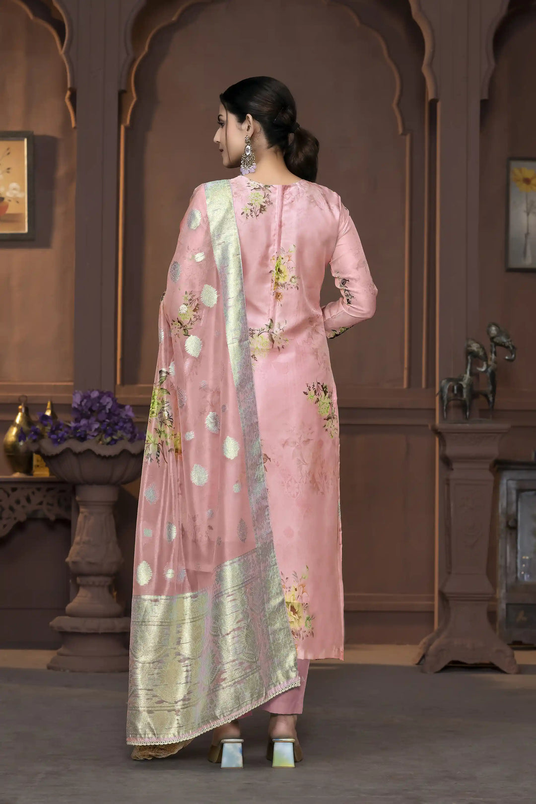 Viscose Organza Salwar Kameez | Floral Embroidery with Banarasi Dupatta