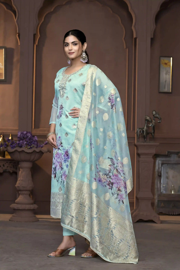 Viscose Organza Salwar Kameez | Floral Embroidery with Banarasi Dupatta