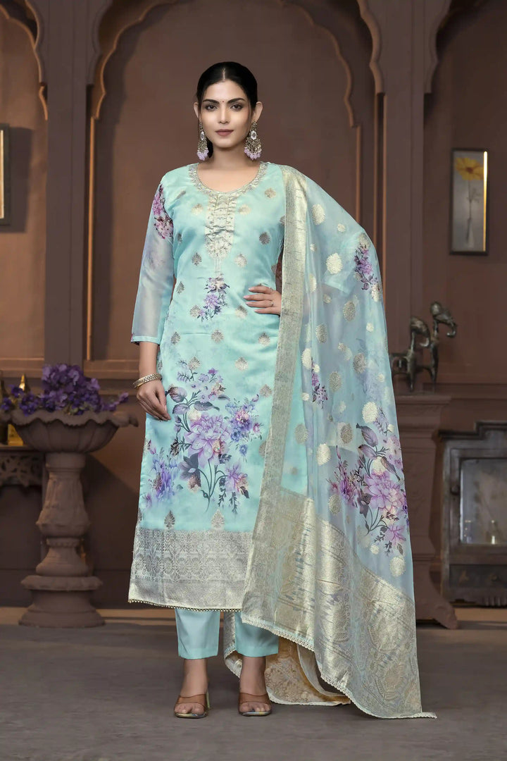 Viscose Organza Salwar Kameez | Floral Embroidery with Banarasi Dupatta